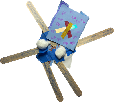 collage assemblage with paper tape stamps popsicle sticks and cotton balls