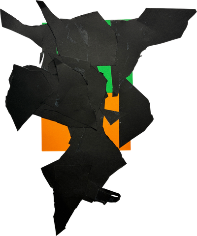 black ripped paper collage with green and orange
