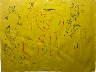 elephant person and stick figures drawing
