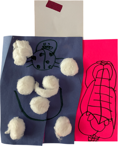 colored paper collage with cotton balls and ladybug drawing