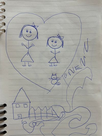 notebook drawing from her teacher miss maria at school during breakfast one morning