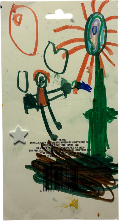 person and sunflower drawing on packaging