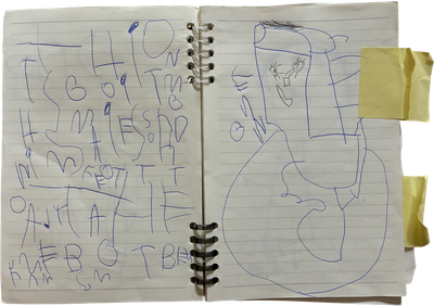 drawing with text that says this is the robot im going to make to destroy benjamin